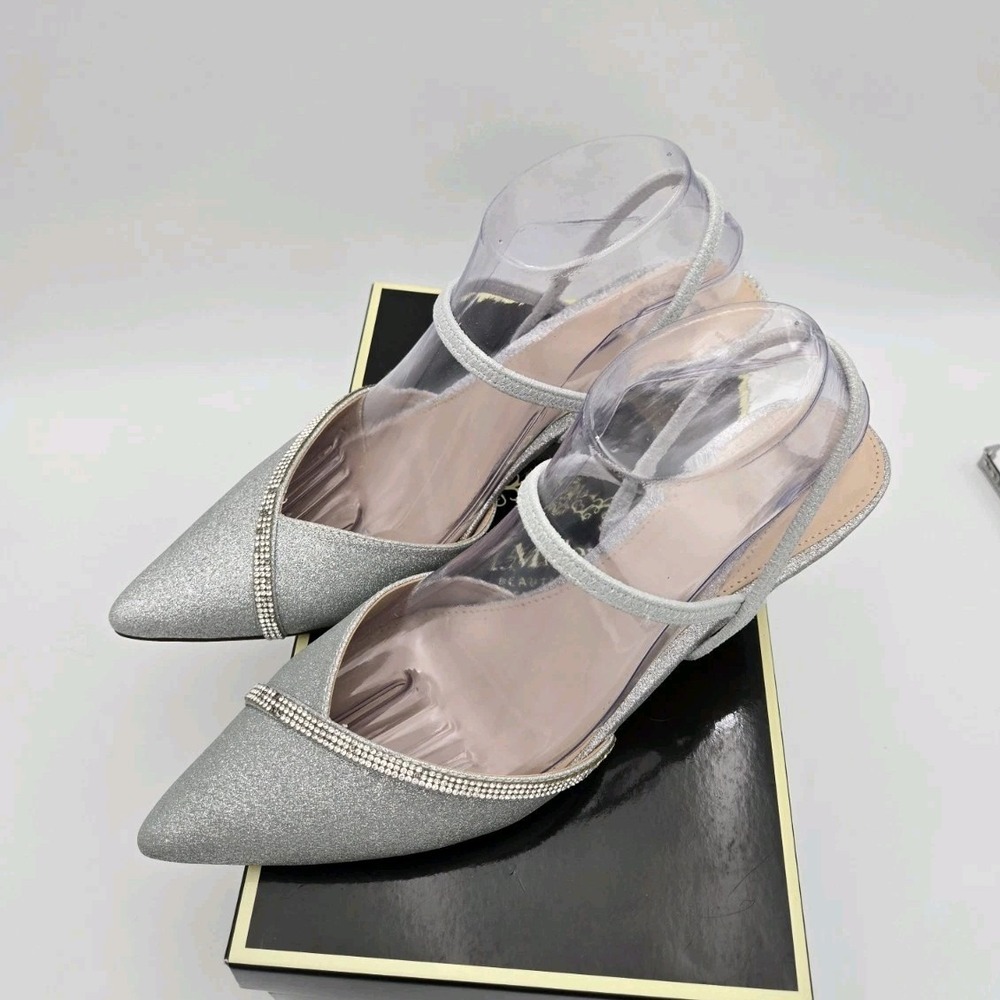 I.Miller Silver Rhinestone Glitter Slingback Kitten Heel Pointed Toe Women's 9.5